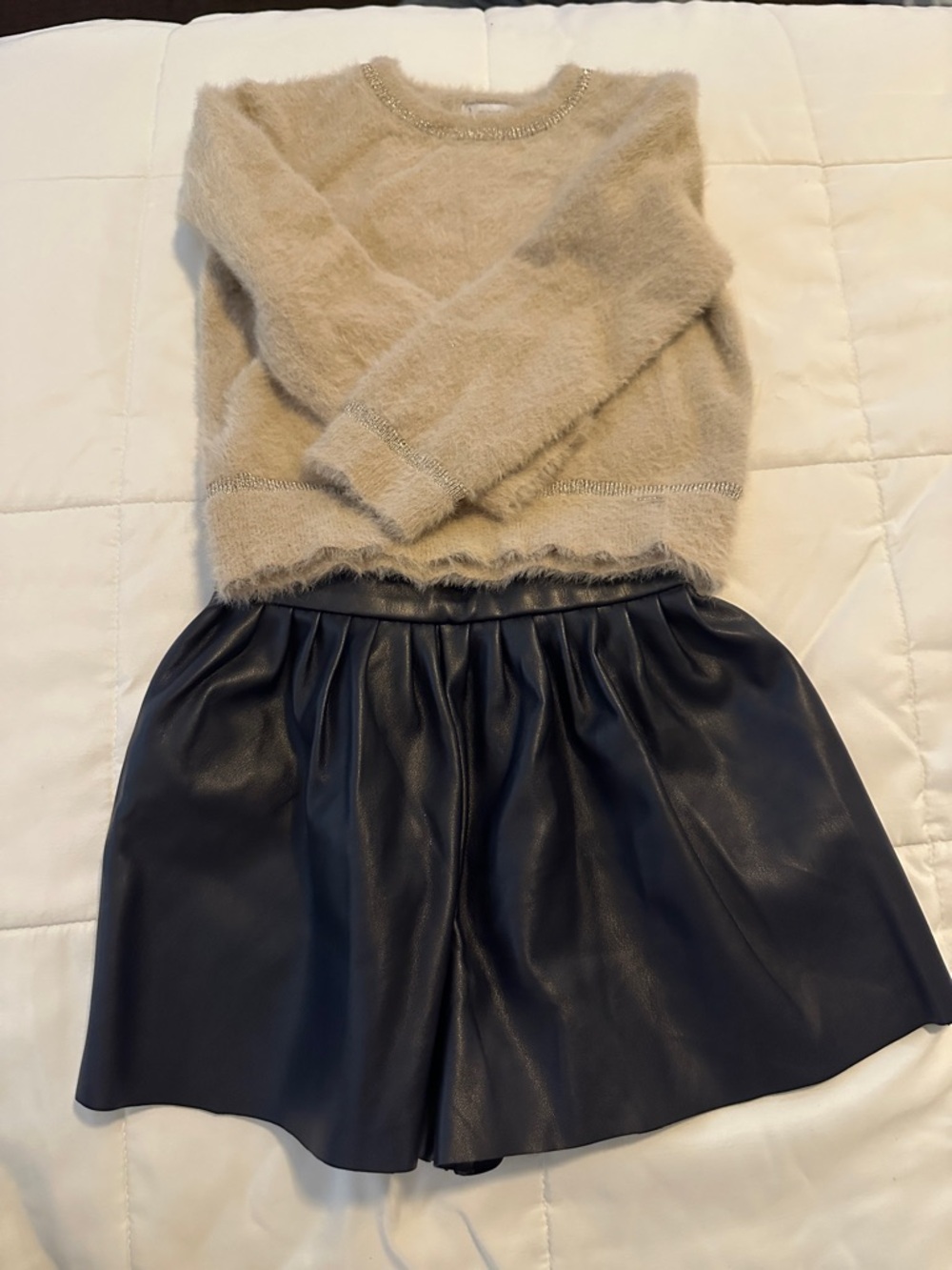 Mayoral Beige Fuzzy Sweater with Black Faux Leather Skort